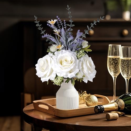 Artificial Flowers in Vase, Silk Roses Flowers Artificial Eucalyptus Lavenders Small Daisies and Fake Plants in White Ceramic Vase, Farmhouse Floral Arrangements Dining Table Centerpiece Décor - color: White