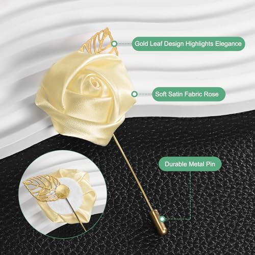 M METERXITY 1-Pack Flower Lapel Pins for Men, Golden Leaf Rose Boutonnieres Pin Groom Boutonnieres for Wedding/Dance/Party, Men Lapel Pins for Suits Satin Flower Corsage [Lotus Color] - color: Lotus Color