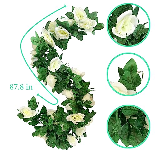 4 Pack Artificial Rose Vine Garland Fake Roses Flowers Plants Vines Hanging Floral Leaves Decoration for Wedding Party Table Garden Arch Wall Home Room Decor(White) - color: White, size: 【4 Pcs】