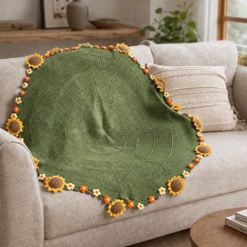 Crochet Flower Bouquet Throw Blanket, Cute Romantic Gift for Her Girlfriend Mom Mother’s Day Valentine Wedding Anniversary Birthday (Green Sunflower, 40 inches) - color: Green Sunflower, size: 40 inches