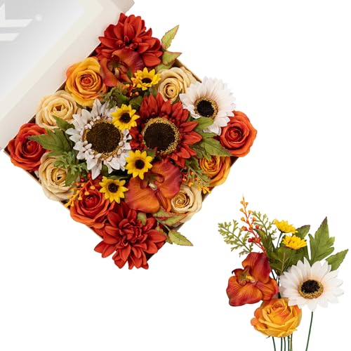 FANKO Artificial Flowers for DIY, Orange Yellow Brown Red Faux Flowers Bouquet, Fake Rose Sunflowers Dahlia Daisy Silk Flowers for Vase, Home Decor, Garland, Summer Wedding, Birthday, Party - color: Orange Sunflower