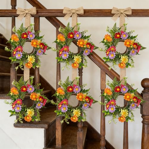 6 Pcs Mini Flowers Wreaths for Cabinets with Orange Red Purple Yellow Daisy Floral Artificial Spring Summer Small Candle Rings Wreath for Home Front Door Window Farmhouse Porch Wall Hanging Decor - color: Colorful Daisies