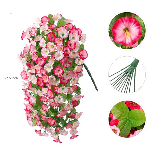 INXUGAO Artificial Fake Hanging Flowers Plants for Outdoor Decoration, 2PCS Faux Silk Morning Glory Long Vines Stems UV Resistant Look Real for Spring Summer Outside Home Porch Patio, Pink - color: Pink