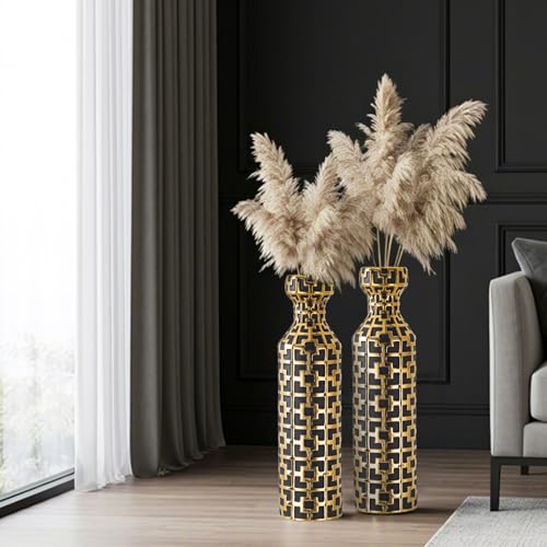 Pair of 24.4" Tall Ceramic Cylinder Vases with Geometric Gold Accents, Large Flower Vase, Decorative Vase - Modern Black & Gold Floor Vases for Living Room, Entryway Decor (Set of 2) - color: Black With Gold Set of 2