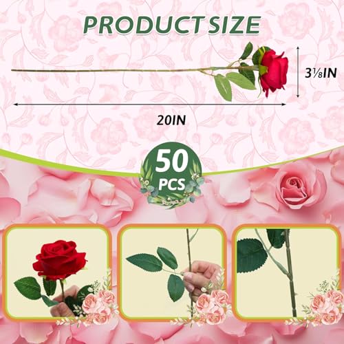 100 PCS Fake Red Roses, Artificial Red Flowers Bulk Realistic Silk Faux Rose with Stems for Wedding Decoration Anniversary Bridal Bouquet DIY Floral Arrangement Romantic Home Decor Gifts - color: Red, size: 100 Pcs