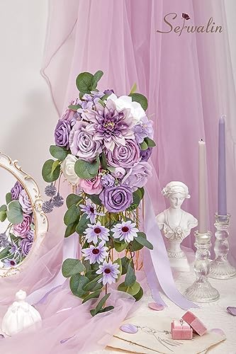 Serwalin 9.8 Inch Wedding Bouquets for Bride Bridesmaid, Purple Dahlia Bridal Bouquets for Bride, Wedding Flowers Bouquet Tossing Bouquet, Wedding Ceremony and Anniversary Decoration - color: Purple
