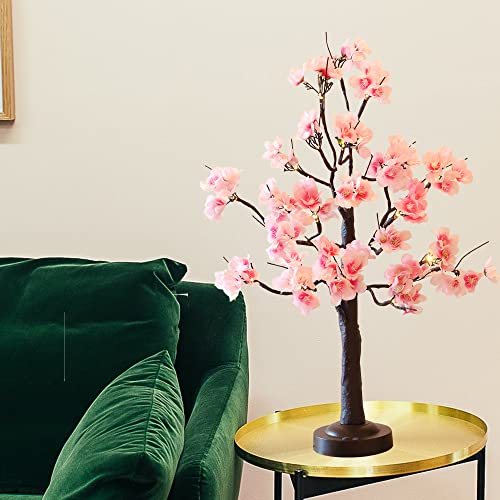 24 LED Pink Cherry Blossom Tree Light 18 Inches Artificial Tabletop Fairy Tree Lamp Eight Lighting Modes USB or Battery Operated with Timer Decor for Bedroom Wedding Christmas Spring (Warm White)