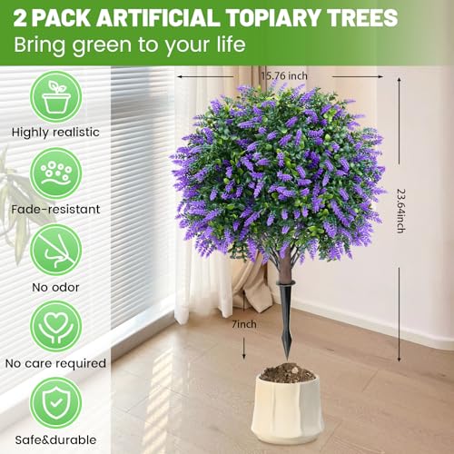 Artificial Topiary Ball Trees with Lavender, 2 Pack Artificial Shrubs Bushes with Ground Spike, Fake Plants for Outdoor Front Porch Decor UV Resistant - color: 2 Pack 23" Lavender