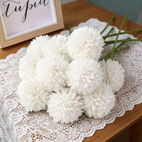 Tinsow 12 Pcs Artificial Flowers Faux Ball Chrysanthemum Bouquet Silk White Flowers Bridal Wedding Bouquet for Home Garden Party Wedding Decoration (White, 12) - color: White