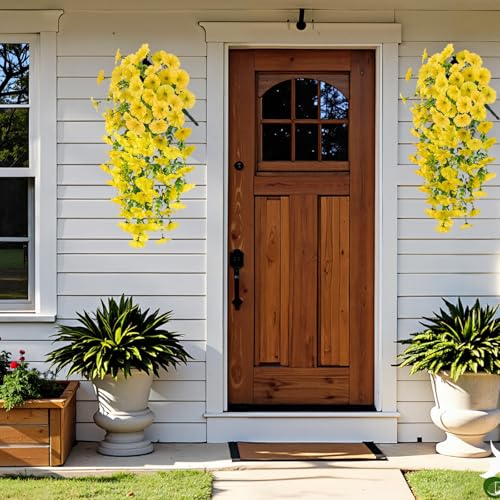 4PCs Hanging Morning Glory UV Resistant Artificial Outdoor Flowers,Faux Flowers for Planters,Hyeflora Cascading Plants Garden,Home Decor,Wedding,Patio,Porch,Yard(Yellow,2 Bunches/4Pcs) - color: Yellow, size: 2 Bunches/ 4Pcs