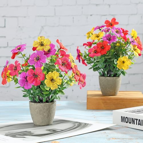 2 Pack Small Fake Plants Potted Artificial Plants Artificial Flowers Potted Faux Flower Daisy with Eucalyptus Leaves for Home Decor Office Room Farmhouse Indoor Table Bathroom Decor （colorful） - color: Small-colored