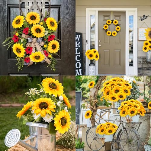 24.4" Sunflowers Artificial Flowers 12Pcs Fake Sunflowers Bulk Realistic Silk Sunflower Bouquet with Long Stems for Wedding Arrangement Table Centerpieces Outdoor Indoor Grave Fall Decor - color: Yellow-12pcs