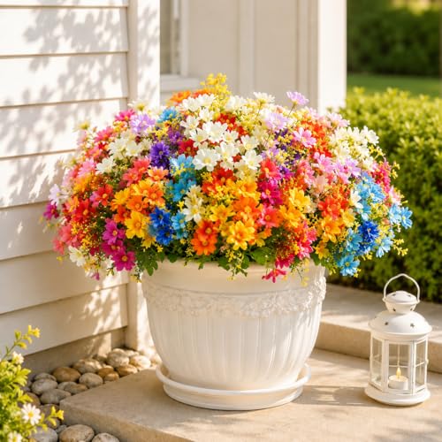 Uieke 12PCS Artificial Fake Flowers, Daisy Mums Fall Flowers Outdoor UV Resistant No Fade Greenery Shrubs Plants Indoor Outside Hanging Planter Home Wedding Office Garden Porch Décor (Assorted) - color: Assorted, size: 12