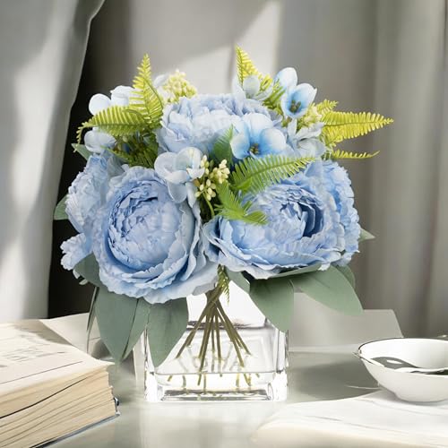 ENOVA FLORAL Artificial Flower Arrangement with Vase,Mixed Artificial Silk Peony Flower in Vase for Decoration Home Office, Wedding Centerpiece (Blue) - color: Blue