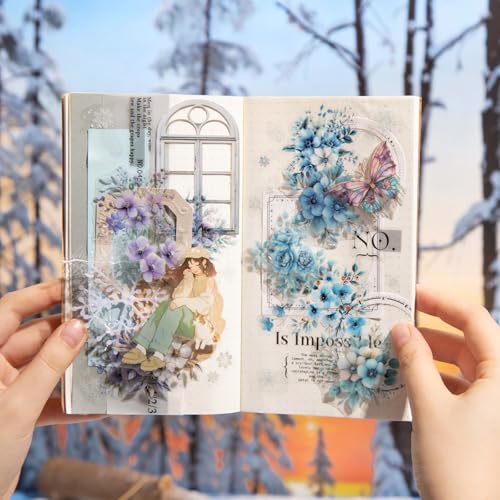 6-Roll Winter Floral PET Tape Set, Pre-Cut Transparent Waterproof Flower Sticker Rolls for Scrapbooking, Journals, Planners, DIY Crafts, Cards and Gift Wrapping - style: Winter Bloomscape