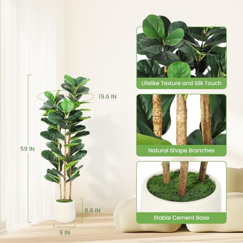Garvee Artificial Fiddle Leaf Fig Tree with White Planter, 5 ft Tall Fake Plant with Natural Wood Trunk, Faux Ficus Tree Potted Moss for Home Office Living Room Decor - size: 5ft