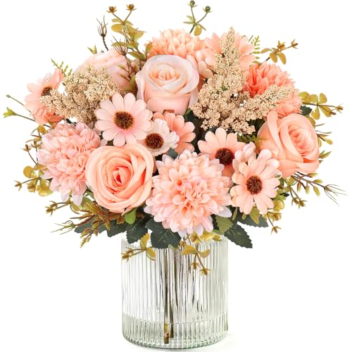 Dremisland Artificial Flowers Like Real Artificial Bouquet 2 Packs Silk Artificial Roses Bouquet with Daisy Chrysanthemum Champagne Flowers for Centerpiece Table Wedding Party Home Decor - color: Champagne, size: 2PCS