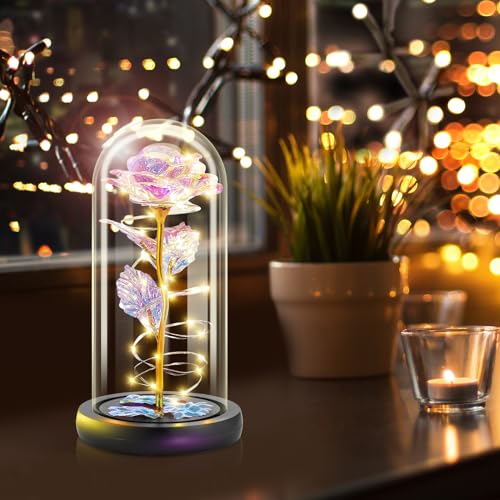 Otlonpe Preserved Artificial Glass Rose Flower Lamp, Forever Women Gifts for Birthday Christmas Valentines Mothers Day, 7.7'' Colorful Rose Gifts for Mom Grandma Daughter Wife Girlfriend, Home Decor - color: Colorful