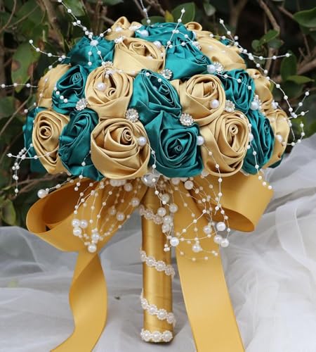 Ujicde Romantic Wedding Bouquet Bridal Bridesmaid Round Bling Brooch Bouquet Throw Toss Artificial Rose Flower Bunch with Sparkle Rhinestone Crystal Decoration(Dark Green+Gold,Dia. 6.3"*16cm) - color: Dark Green+gold, size: Dia. 6.3"*16cm