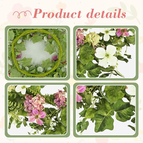 YNYLCHMX 20" Spring Summer Wreaths for Front Door, Artificial Floral Wreath with Pink Hydrangea Green Eucalyptus Leaves, Green Foliage Wreath for Wall Window Farmhouse Party Holiday Home Decor - color: Pink Hydrangea