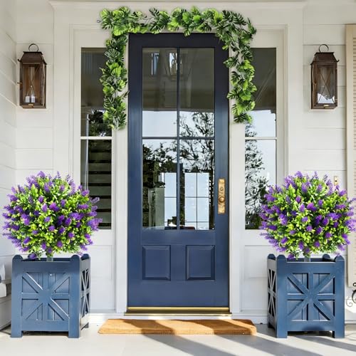 2 Pack 25" Artificial Lavender Topiary Ball Trees for Outdoors, UV Resistant Faux Evergreen Shrubs with Ground Spikes, Fake Bush Ball Plants for Front Porch, Patio, Garden, Indoor Outdoor Home Decor - color: Lavender