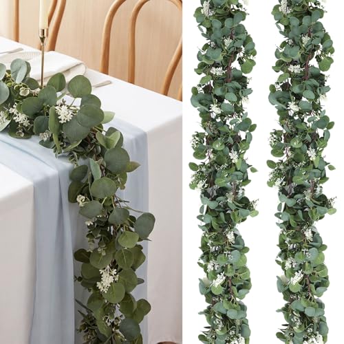 Thiccywoov 2 Pack Artificial Eucalyptus Garland 6.5 ft Each Faux Silver Dollar Leaves Greenery Artificial Vines with White Accents for Wedding Table Runner Home Mantle Outdoor Decor (Green White) - color: Green White
