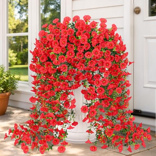 Yastouay Artificial Hanging Flowers for Outdoors, Fake Hanging Flowers for Decoration, UV Resistant Artificial Outdoor Plants, 2 Pcs Morning Glory for Outdoors Garden Patio Porch Yard Decoration, Red - color: Red, size: 2 Pack