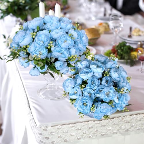 8 Bundles Peonies Artificial Flowers Blue Fake Silk Peonies Bouquet Faux Peonies Flowers Bulk for Home Decoration Vase Florals Arrangements Wedding Party Table Centerpiece - color: Light Blue