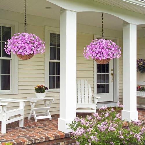 Artificial Fake Hanging Plants Flowers Basket for Outdoors Spring Summer Decoration, UV Resistant Realistic Outdoor Faux Silk Morning Glory in Planter for Outside Porch Patio Balcony Garden Yard Home - color: Purple 2