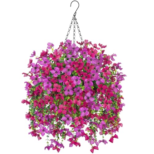 INXUGAO Artificial Hanging Flowers Plants with Basket for Outdoors, Realistic Faux Silk Daisy Flower Eucalyptus for Spring Decor, UV Resistant Fake Plants for Porch Patio Yard Balcony, Purple Violet - color: A-purple Red Violet