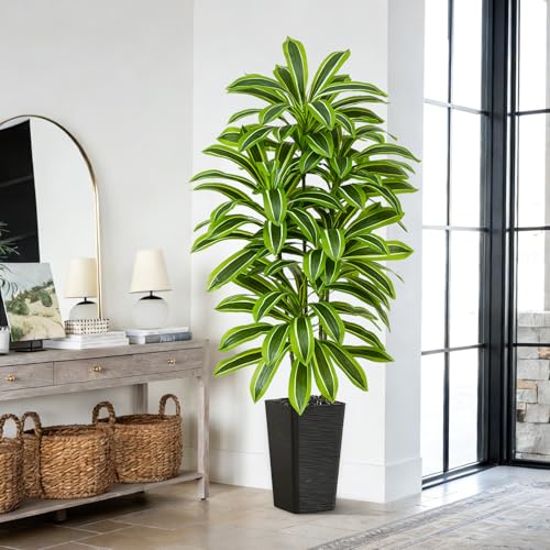 Artificial Yellow Dracaena Tree - 5FT Tall Fake Plants with Black Planter - Artificial Plants Indoor Floor Plant in Pot - Large Tropical Fake Yucca Potted Tree for Home Office Living Room Decor - color: Black-yellow Leaf, size: 5 FT