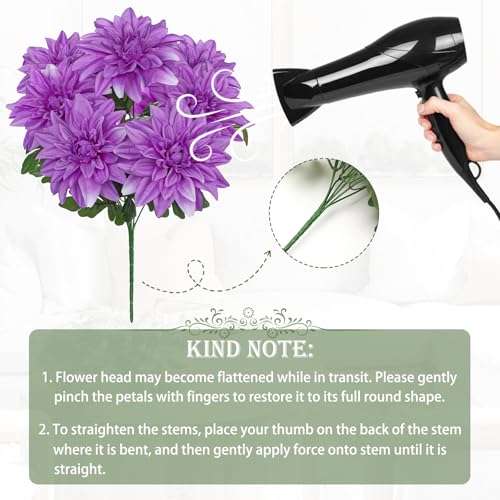 Hollyone Purple Artificial Dahlia Flowers Bush 7 Heads Silk 15.7" Fake Dahlias Flowers Wedding Bouquets Faux Dahlia Flowers Floral Arrangements for Outdoor Indoor Party Table Centerpieces Home Decor - color: Purple
