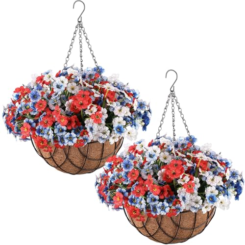 Beeveer 2 Pack Artificial Hanging Flower Basket for Outdoor Decoration Faux Orchid Hanging Plants with Coconut Lining Basket Fake Arrangement for Porch Courtyard Decor(White, Blue, 2 Pack) - color: White, Blue