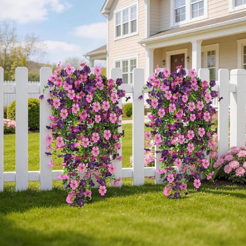 Artificial Hanging Flowers for Outdoors, 6PCS Faux Silk Artificial Flowers for Outdoors, UV Resistant Fake Flowers, No Fade Trailing Greenery, Decor for Home Porch Patio Balcony Garden Yard - color: Double Purple