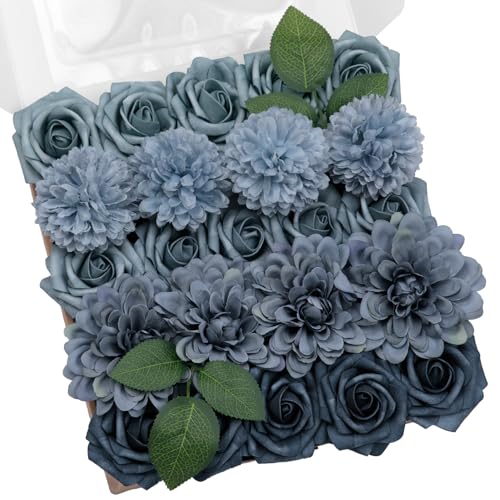 TINGE TIME Artificial Flowers Combo Box Set, Dusty Blue Roses Gradient Color Fake Roses with Stems for DIY Wedding Bouquets Table Centerpieces Baby Shower Home Party Floral Arrangements Decorations - color: Navy Blue