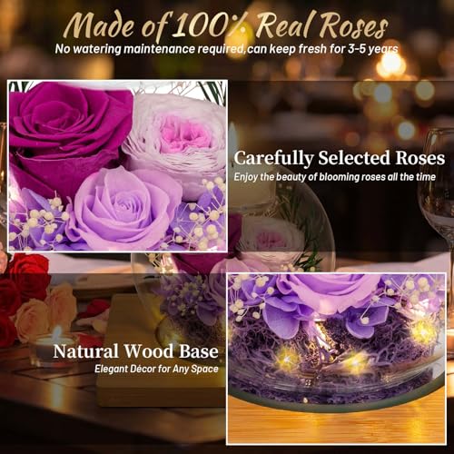 ENERLEAF Preserved Purple Real Rose in Glass with Scented Candles – Forever Flower Romantic Anniversary Christmas Birthday Valentines for Mom, Women, Wife, Girlfriend, Her, Grandma - color: Glass-purple