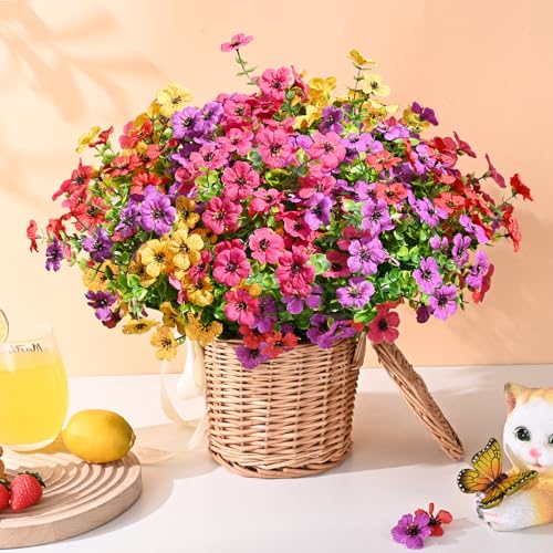 Waipfaru Artificial Flowers for Outdoors, 24 Bundles Faux Plants Outdoor, UV Resistant Artificial Plants Outdoor, Silk Fake Artificial Flowers for Outside Home Decor Planter Porch Patio Decoration - color: Red&yellow&purple&purple-red, size: 24 Bundles