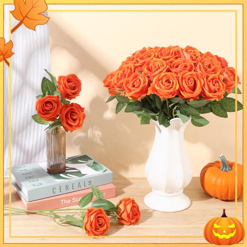36 Pcs Velvet Burnt Orange Artificial Flowers Bouquet, Fake Rose Long Stem Realistic Fall Bridal Shower Decorations Bulk for Halloween Thanksgiving DIY Wedding Ball Arrangement - color: Orange