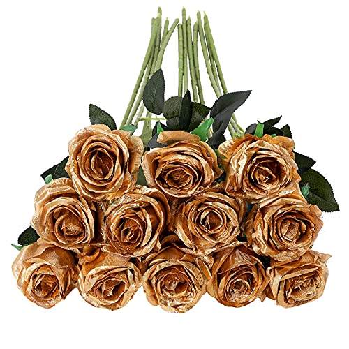 Tifuly Gold Roses Artificial Flowers -12Pcs Realistic Single Long Stem Fake Silk Roses Bouquet for Party Home Wedding Centerpiece Hotel Office Decor - color: Gold