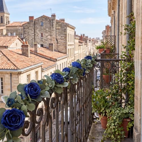 2 Pcs Royal Blue Artificial Peony Flower Garland 6.2ft/Piece Silk Faux Eucalyptus Greenery Garland with Peonies for Wedding Arch Backdrop Party Mantle Home Table Decoration (Royal Blue) - color: Royal Blue