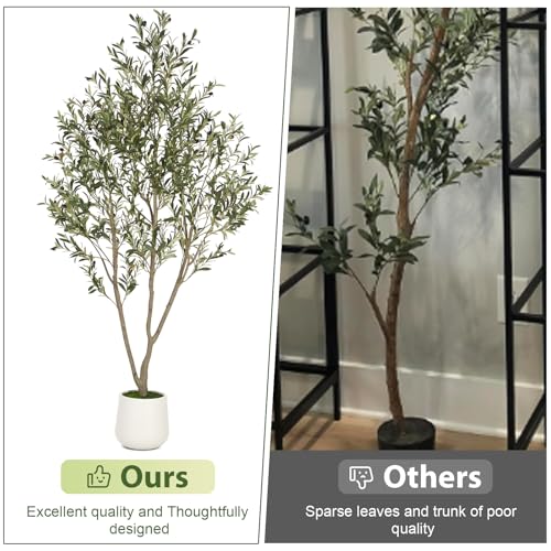 VIVATREES Olive Trees Artificial Indoor, 7FT Tall Faux Olive Tree with White Tall Planter, Artificial Plants with Natural Wood Trunk and Lifelike Fruits for Home Office Decor - color: White-7ft