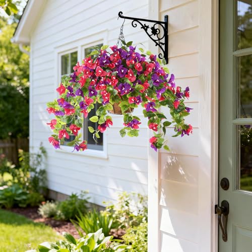 Homsunny Artificial Fake Hanging Flowers Plants Basket for Outdoor Decoration, Faux Silk Flower Bougainvillea Planter Look Real UV Resistant for Home Porch Patio Balcony Yard Spring Decor(Mix Pulple) - color: Mix Purple