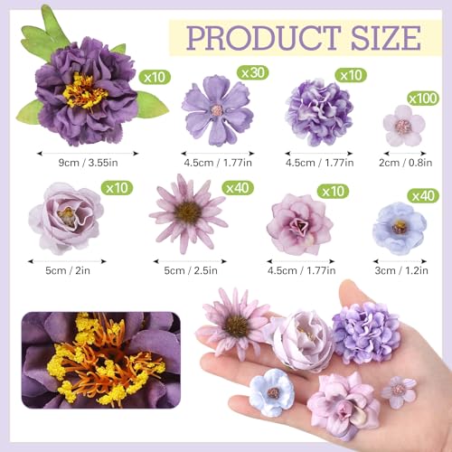 Thiccywoov 250 Pcs Artificial Flowers Heads Bulk Mini Silk Mix Flowers Fake Peony Daisy Rose Multicolor for Blossom Wreath Bouquets Wedding Home Decorations Party Craft Garland DIY(Purple) - color: Purple