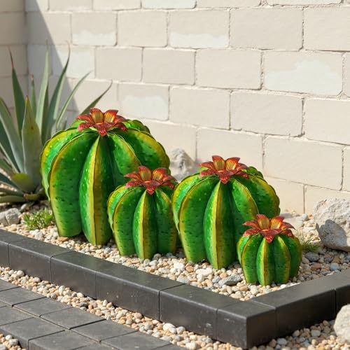 KODIBO Metal Cactus Yard Art, 4-Pack Desert Steel Garden Decor, Artificial Barrel Cactus with Flower Tops, Weather-Resistant Garden Sculptures & Statues, Outdoor Decorations for Patio Lawn Porch - color: Barrel Cactus: 4-pack