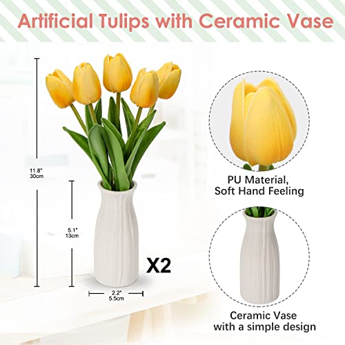 Briful 2 Packs Faux Flowers Artificial Tulips with Ceramic Vase, Poly Foam Yellow Tulips Real Touch Flower Arrangement for Home Kitchen Wedding Centerpiece Decoration - color: Yellow