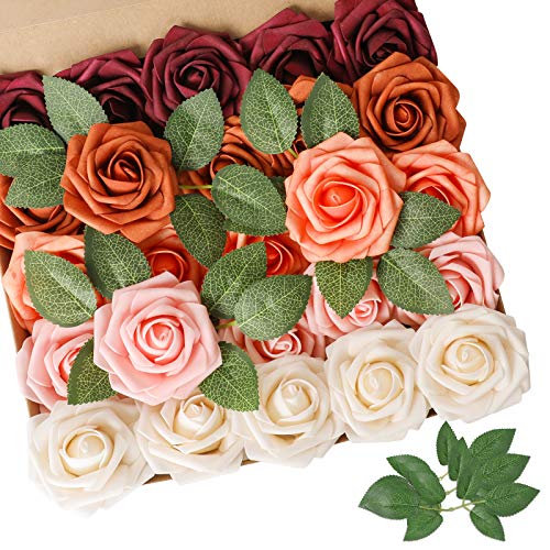 AmyHomie Artificial Flower Shades of Burgundy Rose 25pcs Real Looking Fake Roses w/Stem for DIY Wedding Bouquets Centerpieces Arrangements Party Baby Shower Valentines Day Christmas Tree Decorations - color: Shades of Burgundy
