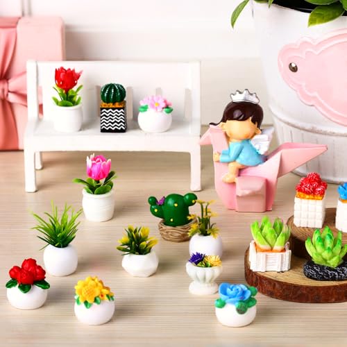 Threehoney 30 Pcs Miniature Dollhouse Plants Accessories Mini Artificial Potted Flower Tiny Resin Greenery Cactus Figurines for Doll House Gift DIY Garden Bonsai Micro Landscape Decoration(Plants) - style: Plants
