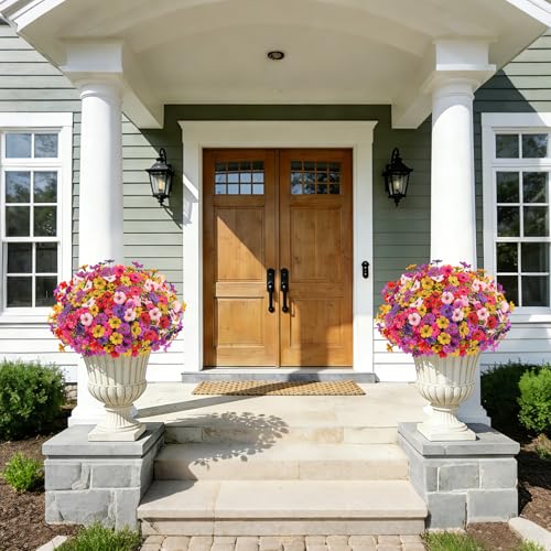 Artificial Flowers Faux Plants for Outdoor, 12 Bundles Realistic Silk Artificial Daisy with Eucalyptus, UV Resistant Fake Flower Plants for Outside Front Porch Garden Patio Decor (Mix-6 Colors) - color: Mix-6 Colors