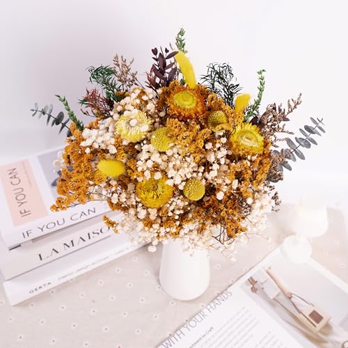 Handmade Dried Flower Bouquet, 14” Natural Orange & Yellow Floral Arrangement with Baby’s Breath, Craspedia & Eucalyptus – Boho Home Decor, Wedding Centerpieces, Rustic Floral Gift - color: Orange