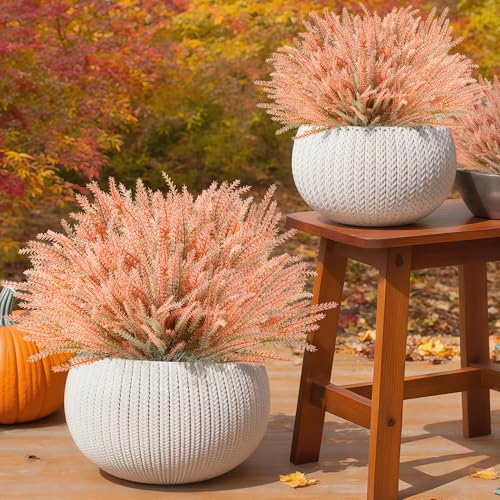 Artificial Fall Flowers Faux Mums for Outdoor, 15 Bundles Fake Flower Lavender UV Resistant Faux Plants No Fade for Front Door Porch Garden Yard Patio Outside Autumn Decor(Light Orange) - color: Light Orange